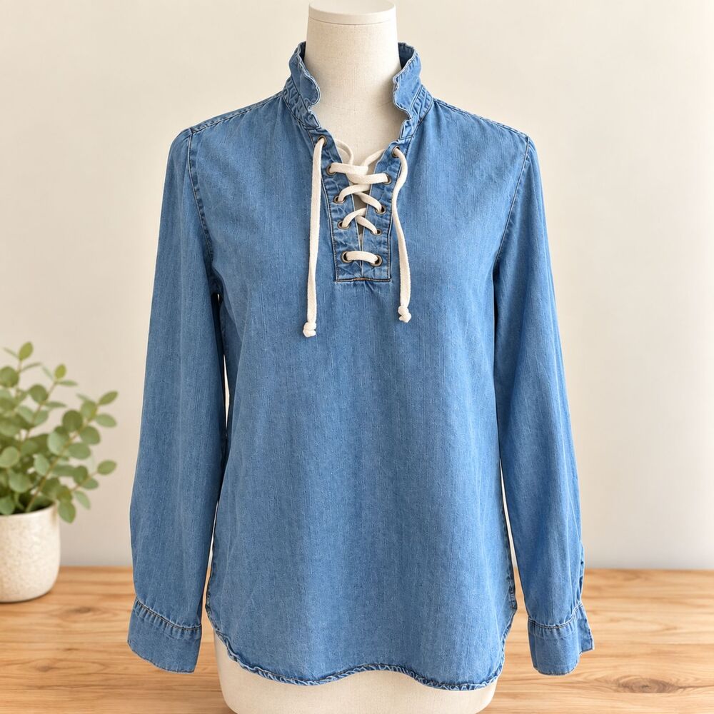 Workshop Republic Women M Chambray Lace Up Tunic Top Tencel Lyocell Blue Boho